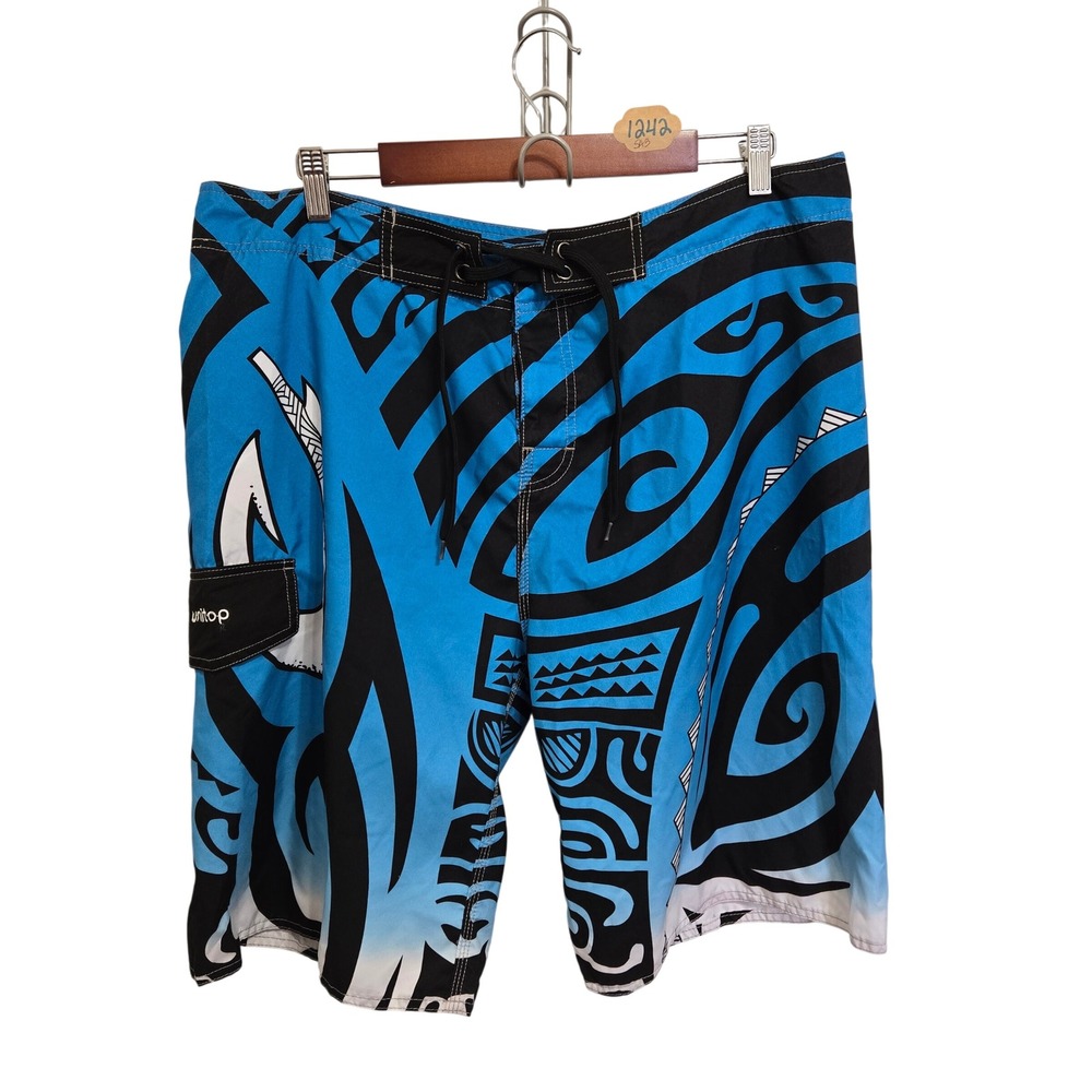 Unitop Mens Tribal Print Board Shorts‎ Blue Black Surf Swim Trunks Size 38